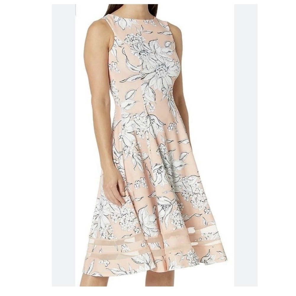 Calvin Klein Floral Mesh Illusion Flare Stretch Crepe Sleeveless Midi Dress 4